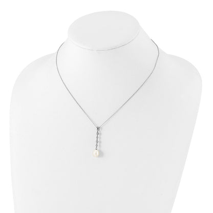 PSSN Sterling Silver Rhodium-plated 8-9mm White Teardrop Freshwater Cultured Pearl and CZ 17 inch Necklace and Post Dangle Earrings Set