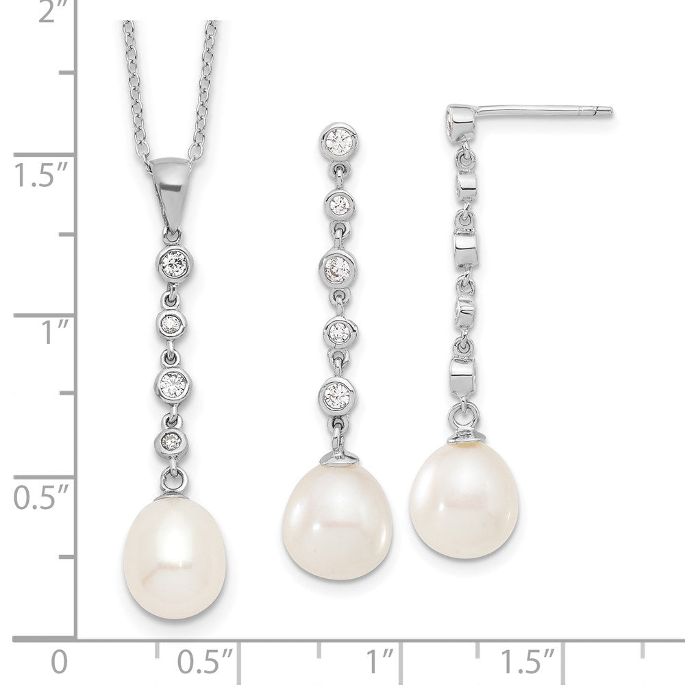 PSSN Sterling Silver Rhodium-plated 8-9mm White Teardrop Freshwater Cultured Pearl and CZ 17 inch Necklace and Post Dangle Earrings Set