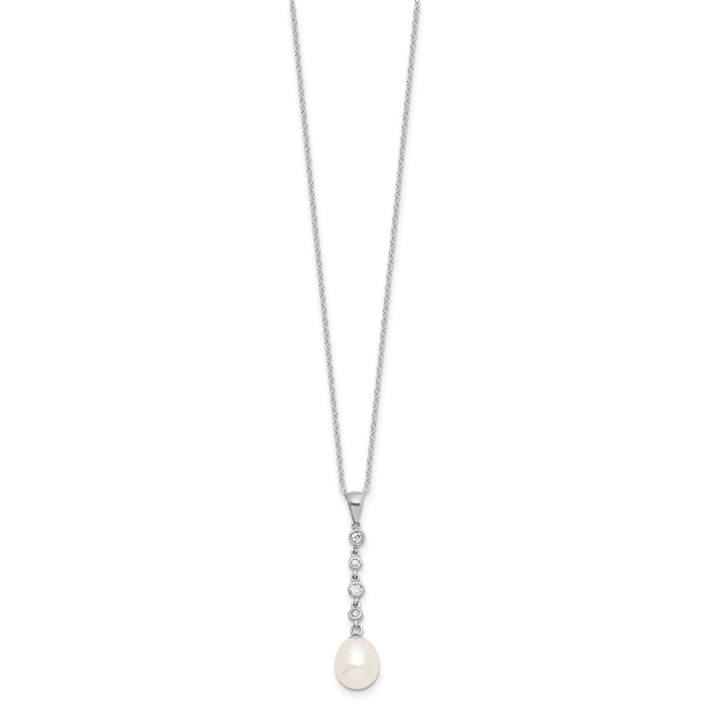 PSSN Sterling Silver Rhodium-plated 8-9mm White Teardrop Freshwater Cultured Pearl and CZ 17 inch Necklace and Post Dangle Earrings Set