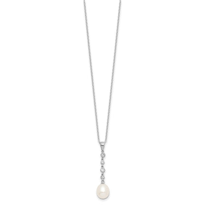 PSSN Sterling Silver Rhodium-plated 8-9mm White Teardrop Freshwater Cultured Pearl and CZ 17 inch Necklace and Post Dangle Earrings Set