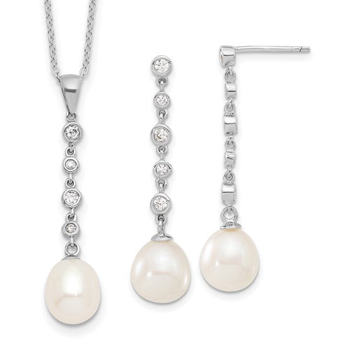 PSSN Sterling Silver Rhodium-plated 8-9mm White Teardrop Freshwater Cultured Pearl and CZ 17 inch Necklace and Post Dangle Earrings Set