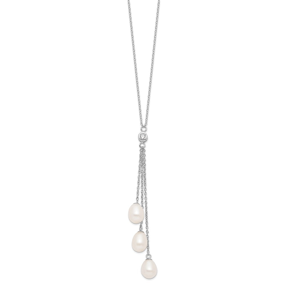 PSSN Sterling Silver Rhodium-plated 7-8mm White Teardrop Freshwater Cultured Pearl and CZ Drop 18 inch Necklace