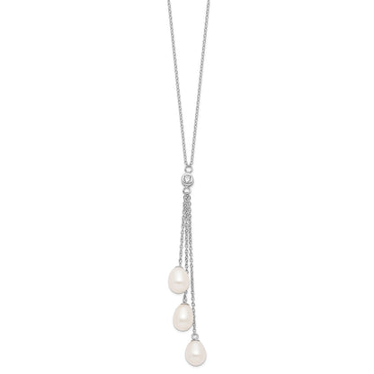 PSSN Sterling Silver Rhodium-plated 7-8mm White Teardrop Freshwater Cultured Pearl and CZ Drop 18 inch Necklace