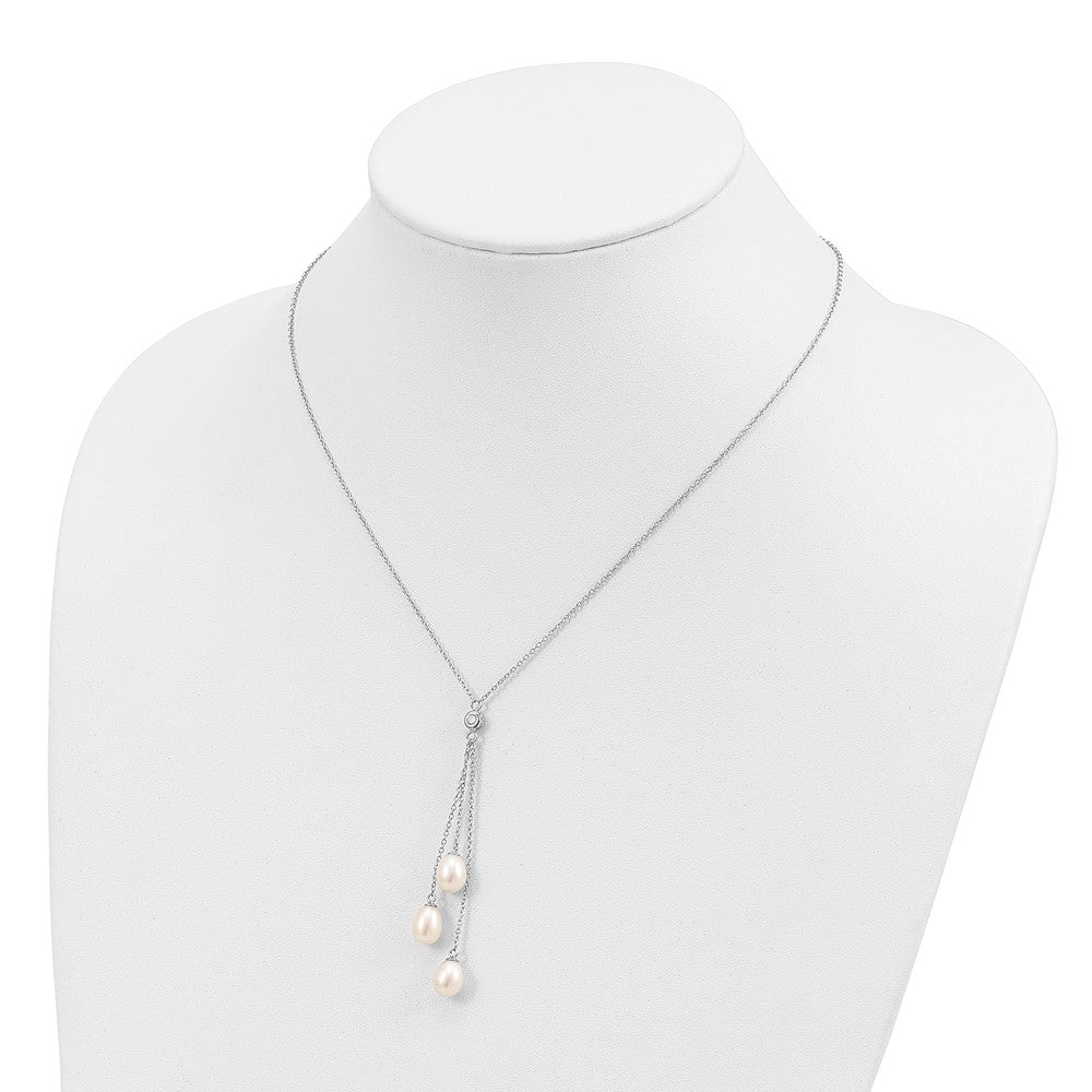 PSSN Sterling Silver Rhodium-plated 7-8mm White Teardrop Freshwater Cultured Pearl and CZ Drop 18 inch Necklace