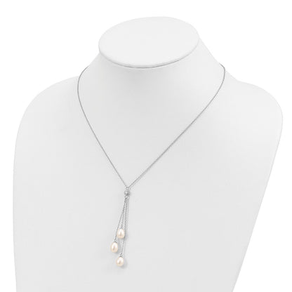 PSSN Sterling Silver Rhodium-plated 7-8mm White Teardrop Freshwater Cultured Pearl and CZ Drop 18 inch Necklace