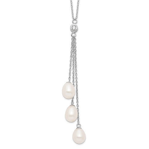 PSSN Sterling Silver Rhodium-plated 7-8mm White Teardrop Freshwater Cultured Pearl and CZ Drop 18 inch Necklace