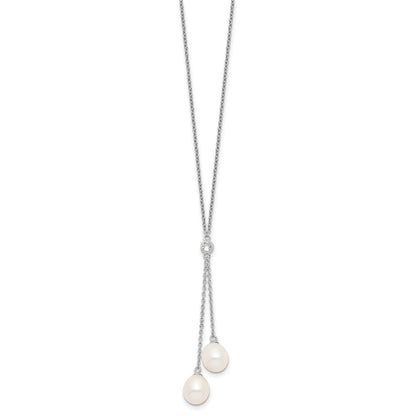 PSSN Sterling Silver Rhodium-plated 8-9mm White Rice Freshwater Cultured Pearl and CZ Dangle 18 inch Necklace