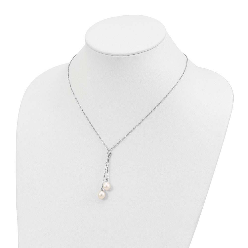 PSSN Sterling Silver Rhodium-plated 8-9mm White Rice Freshwater Cultured Pearl and CZ Dangle 18 inch Necklace