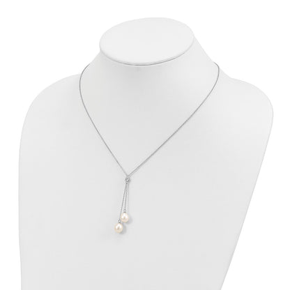 PSSN Sterling Silver Rhodium-plated 8-9mm White Rice Freshwater Cultured Pearl and CZ Dangle 18 inch Necklace
