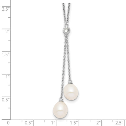 PSSN Sterling Silver Rhodium-plated 8-9mm White Rice Freshwater Cultured Pearl and CZ Dangle 18 inch Necklace