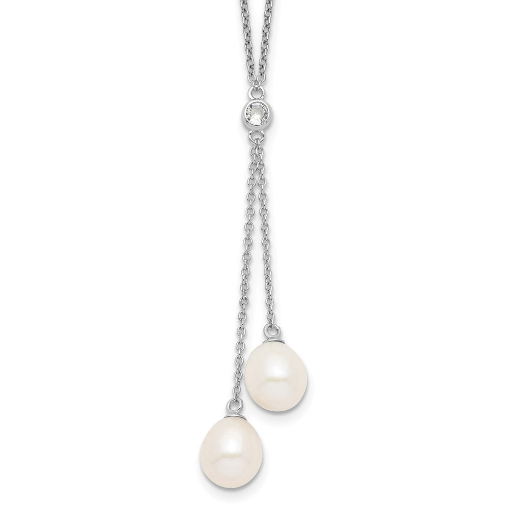PSSN Sterling Silver Rhodium-plated 8-9mm White Rice Freshwater Cultured Pearl and CZ Dangle 18 inch Necklace