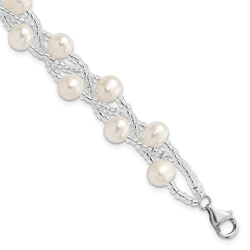 PSSB Sterling Silver Rhodium-plated 7-9mm White Semi-Round Freshwater Cultured Pearl and Glass Beaded Multi-strand 7.5 inch Bracelet