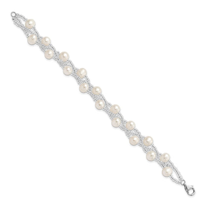 PSSB Sterling Silver Rhodium-plated 7-9mm White Semi-Round Freshwater Cultured Pearl and Glass Beaded Multi-strand 7.5 inch Bracelet