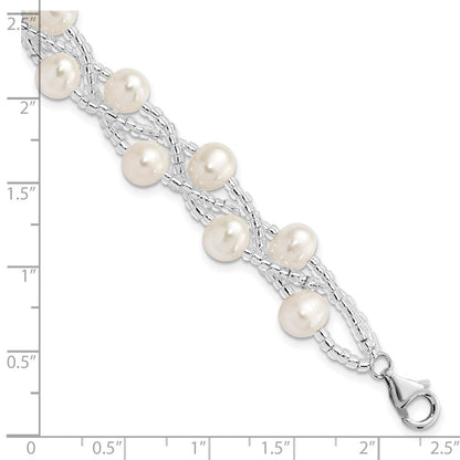 PSSB Sterling Silver Rhodium-plated 7-9mm White Semi-Round Freshwater Cultured Pearl and Glass Beaded Multi-strand 7.5 inch Bracelet