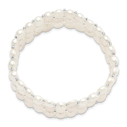 PB 6-7mm White Button Freshwater Cultured Pearl and Glass Beaded 3-row Stretch Bracelet