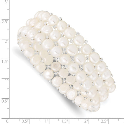 PB 6-7mm White Button Freshwater Cultured Pearl and Glass Beaded 3-row Stretch Bracelet
