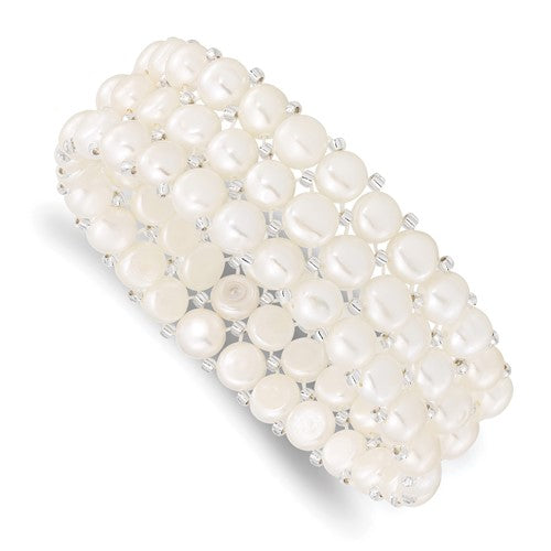 PB 6-7mm White Button Freshwater Cultured Pearl and Glass Beaded 3-row Stretch Bracelet
