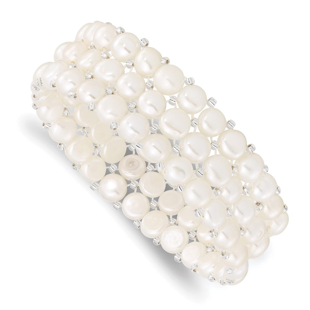 PB 6-7mm White Button Freshwater Cultured Pearl and Glass Beaded 3-row Stretch Bracelet