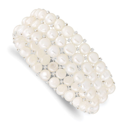 PB 6-7mm White Button Freshwater Cultured Pearl and Glass Beaded 3-row Stretch Bracelet