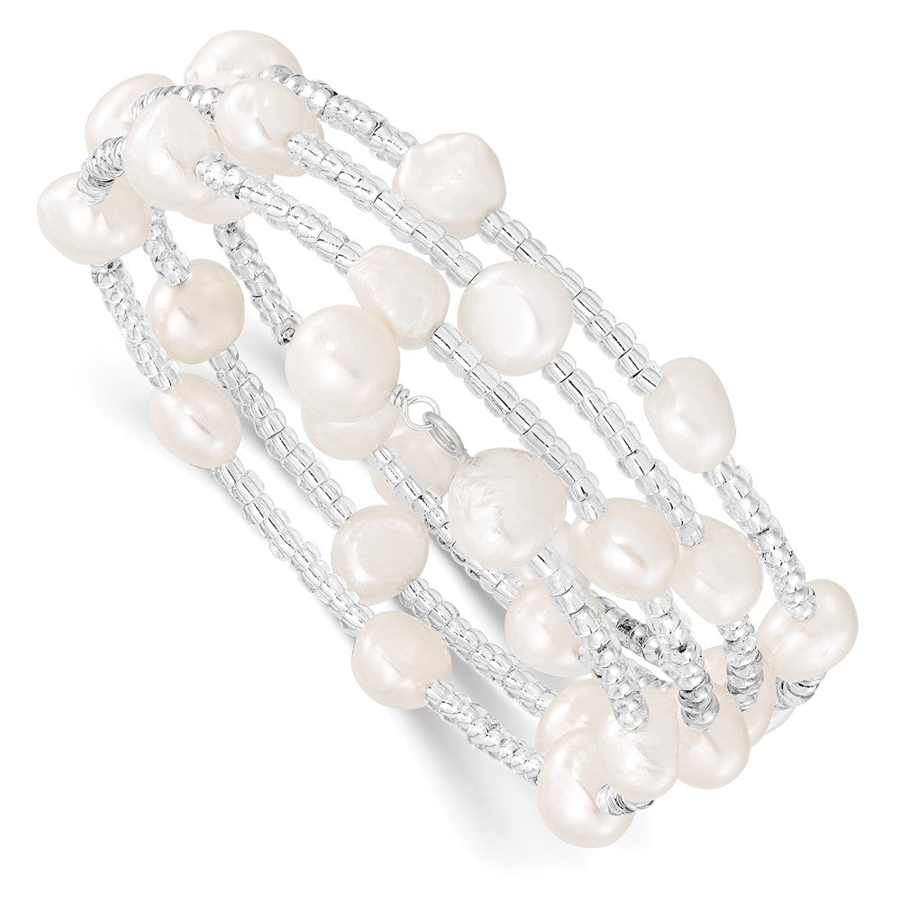 PB 7-8mm White Baroque Freshwater Cultured Pearl and Glass Beaded Wrap Bracelet