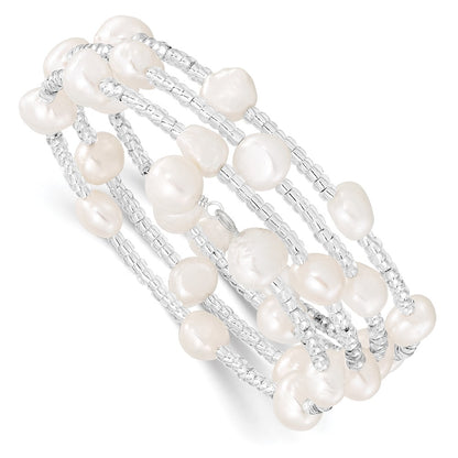 PB 7-8mm White Baroque Freshwater Cultured Pearl and Glass Beaded Wrap Bracelet