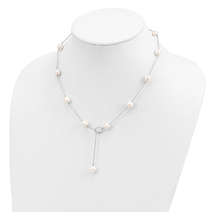 PSSN Sterling Silver Rhodium-plated 7-8mm White Teardrop Freshwater Cultured Pearl 13-Station Adjustable Drop Toggle 19 inch Necklace