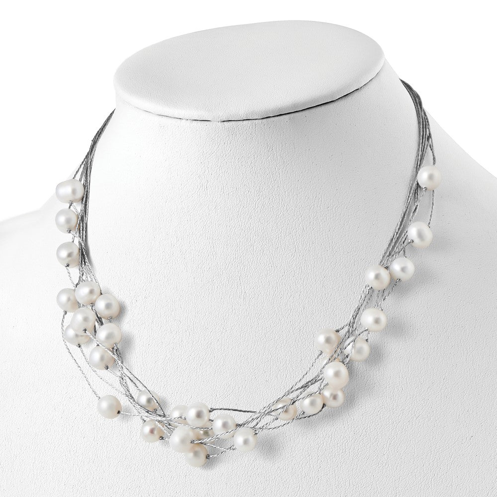 PSSN Sterling Silver Rhodium-plated 8-10mm White Semi-Round Freshwater Cultured Pearl Multi Strand 18 inch Necklace