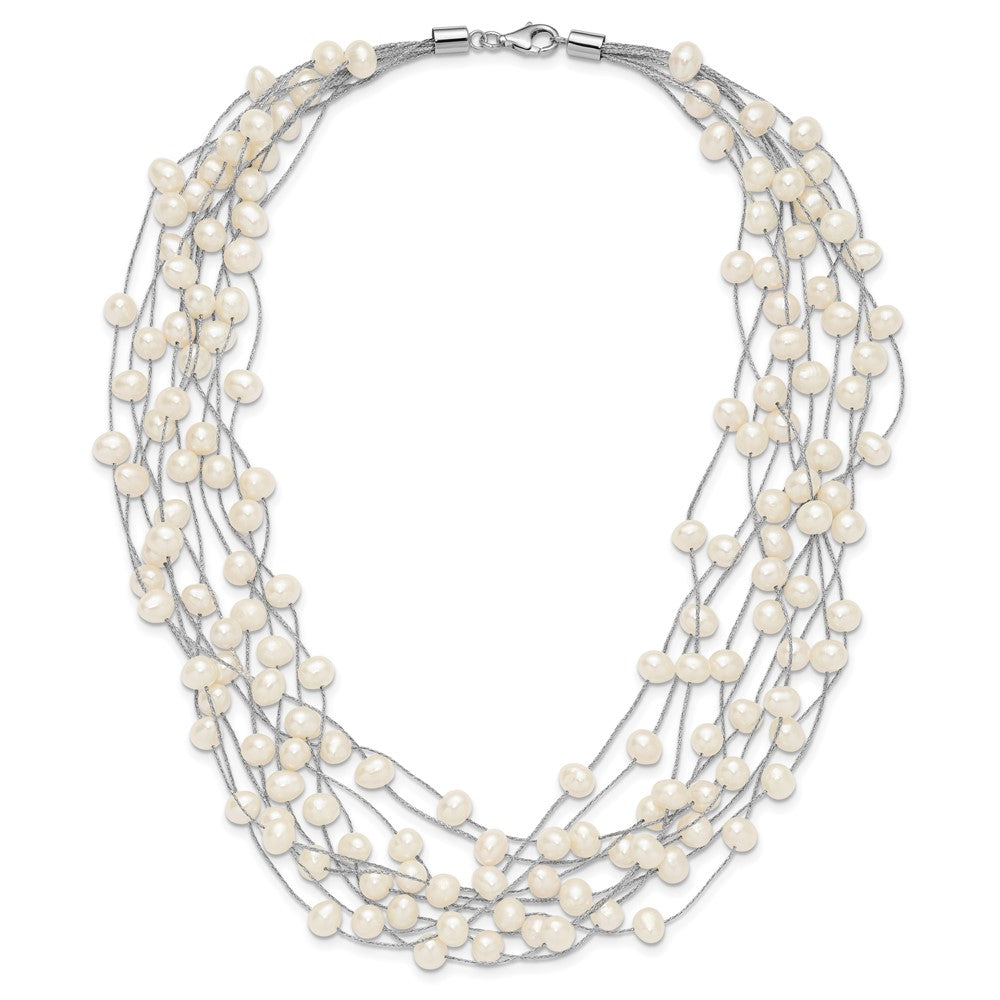 PSSN Sterling Silver Rhodium-plated 6-8mm White Semi-Round Freshwater Cultured Pearl Multi Strand 15 inch Necklace