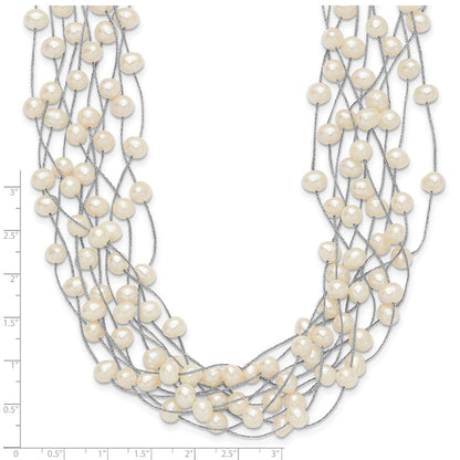 PSSN Sterling Silver Rhodium-plated 6-8mm White Semi-Round Freshwater Cultured Pearl Multi Strand 15 inch Necklace