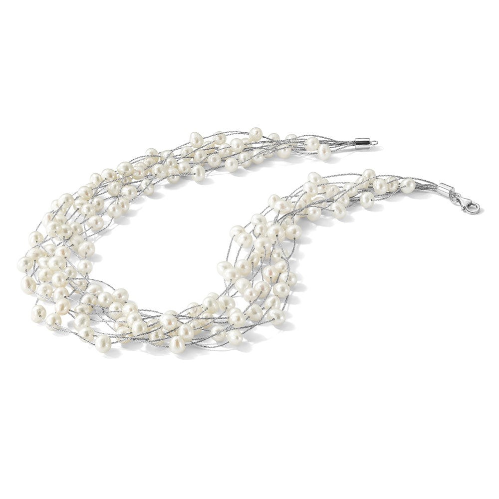 PSSN Sterling Silver Rhodium-plated 6-8mm White Semi-Round Freshwater Cultured Pearl Multi Strand 15 inch Necklace