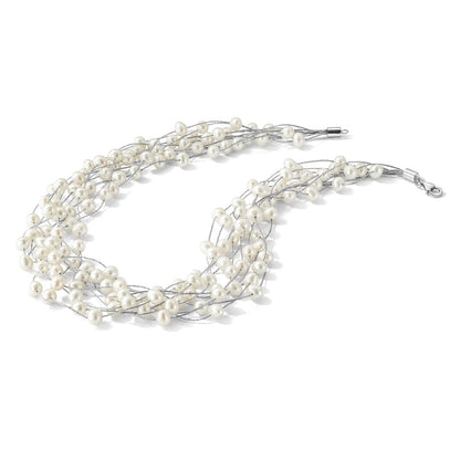 PSSN Sterling Silver Rhodium-plated 6-8mm White Semi-Round Freshwater Cultured Pearl Multi Strand 15 inch Necklace