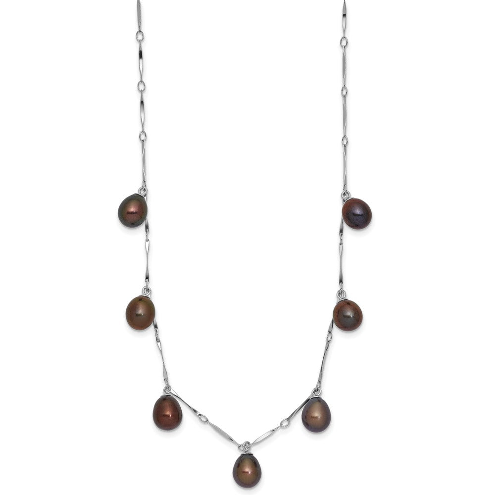 PSSN Sterling Silver Rhodium-plated 7-8mm Black Teardrop Freshwater Cultured Pearl Dangle 7-Station 17.5 inch Necklace