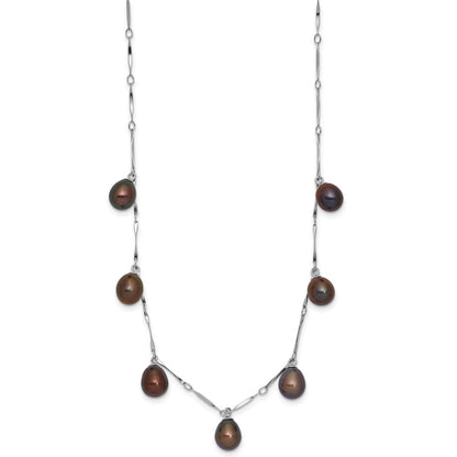 PSSN Sterling Silver Rhodium-plated 7-8mm Black Teardrop Freshwater Cultured Pearl Dangle 7-Station 17.5 inch Necklace
