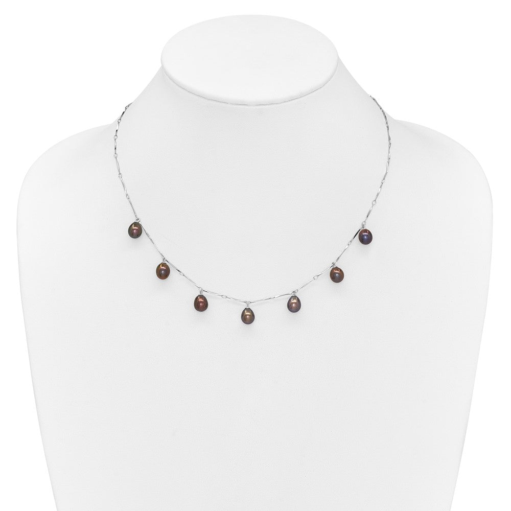 PSSN Sterling Silver Rhodium-plated 7-8mm Black Teardrop Freshwater Cultured Pearl Dangle 7-Station 17.5 inch Necklace