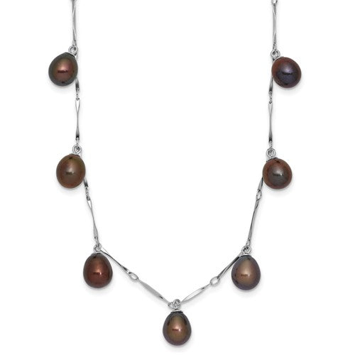 PSSN Sterling Silver Rhodium-plated 7-8mm Black Teardrop Freshwater Cultured Pearl Dangle 7-Station 17.5 inch Necklace