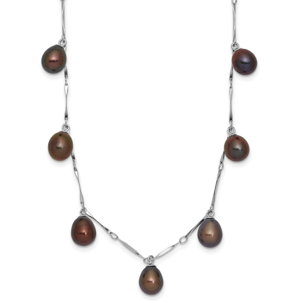 PSSN Sterling Silver Rhodium-plated 7-8mm Black Teardrop Freshwater Cultured Pearl Dangle 7-Station 17.5 inch Necklace