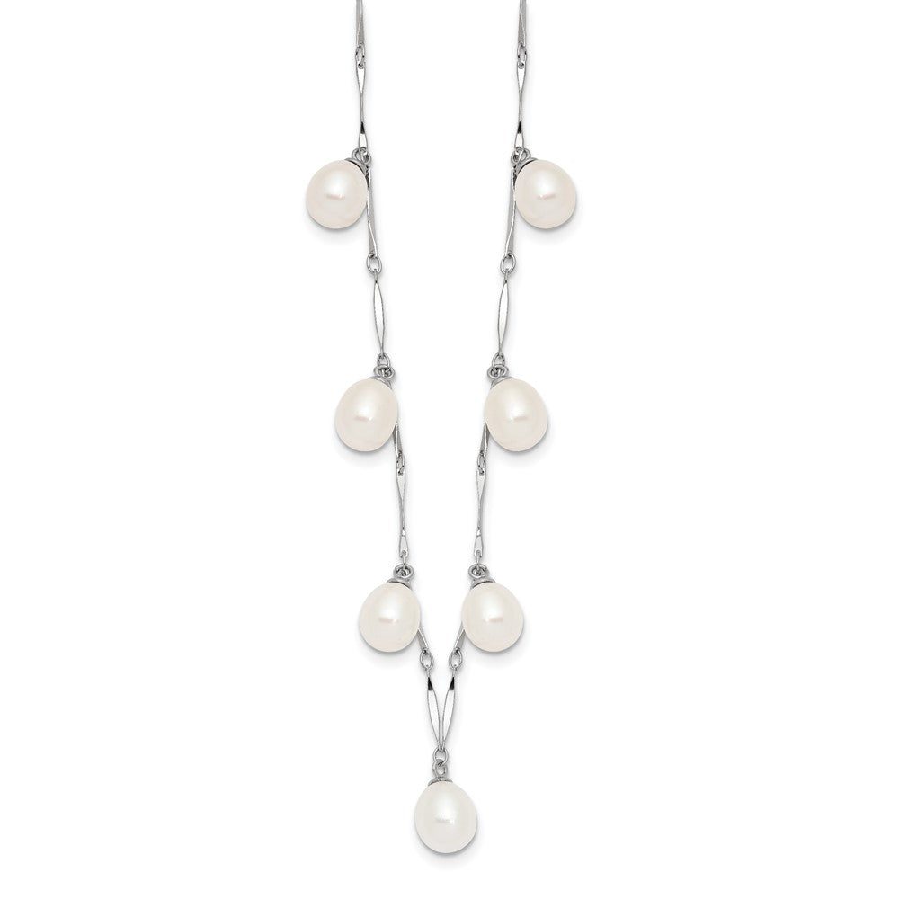 PSSN Sterling Silver Rhodium-plated 7-8mm White Teardrop Freshwater Cultured Pearl 7-Station 17.5 inch Necklace