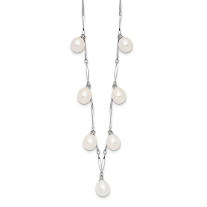 PSSN Sterling Silver Rhodium-plated 7-8mm White Teardrop Freshwater Cultured Pearl 7-Station 17.5 inch Necklace