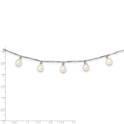 PSSN Sterling Silver Rhodium-plated 7-8mm White Teardrop Freshwater Cultured Pearl 7-Station 17.5 inch Necklace