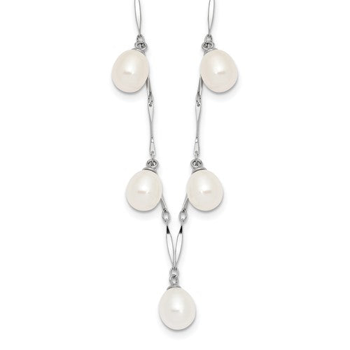 PSSN Sterling Silver Rhodium-plated 7-8mm White Teardrop Freshwater Cultured Pearl 7-Station 17.5 inch Necklace