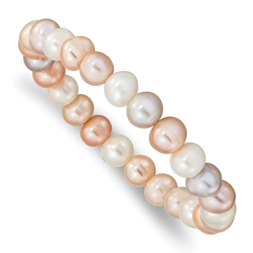 PB 8-9mm White, Pink and Purple Near-Round Freshwater Cultured Pearl Stretch Bracelet