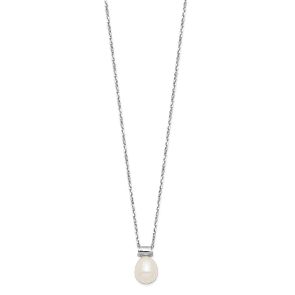 PSSN Sterling Silver Rhodium-plated 7-7.5mm White Rice Freshwater Cultured Pearl 16 inch with 1.5 inch Extension Necklace