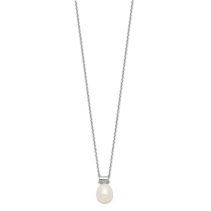 PSSN Sterling Silver Rhodium-plated 7-7.5mm White Rice Freshwater Cultured Pearl 16 inch with 1.5 inch Extension Necklace
