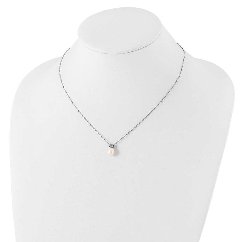 PSSN Sterling Silver Rhodium-plated 7-7.5mm White Rice Freshwater Cultured Pearl 16 inch with 1.5 inch Extension Necklace