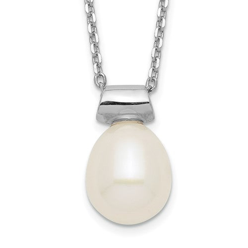 PSSN Sterling Silver Rhodium-plated 7-7.5mm White Rice Freshwater Cultured Pearl 16 inch with 1.5 inch Extension Necklace