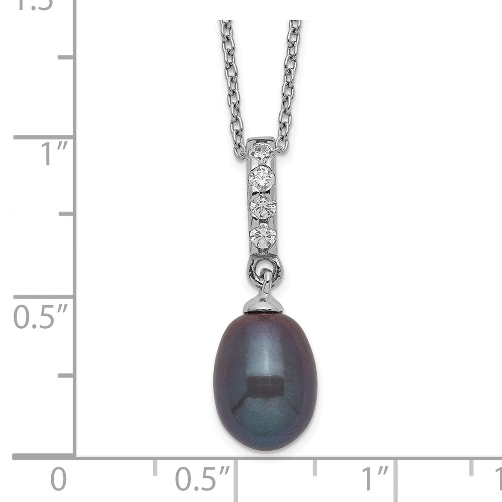 PSSN Sterling Silver Rhodium-plated 8-9mm Black Teardrop Freshwater Cultured Pearl and CZ 17 inch Necklace