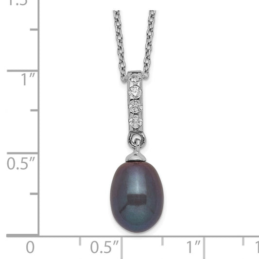 PSSN Sterling Silver Rhodium-plated 8-9mm Black Teardrop Freshwater Cultured Pearl and CZ 17 inch Necklace