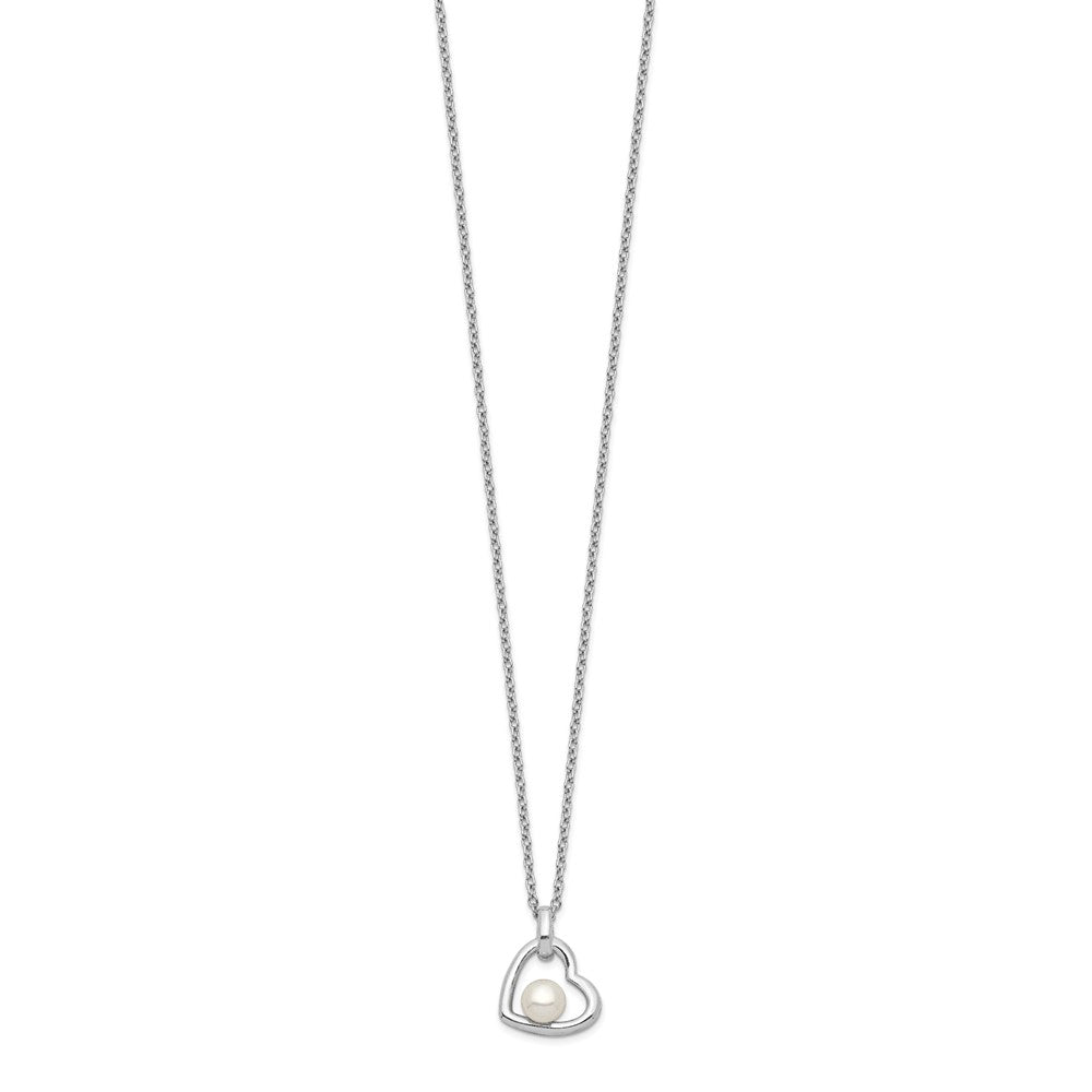 PSSN Sterling Silver Rhodium-plated 4-5mm White Button Freshwater Cultured Pearl Heart 17 inch Necklace