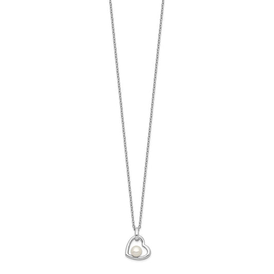 PSSN Sterling Silver Rhodium-plated 4-5mm White Button Freshwater Cultured Pearl Heart 17 inch Necklace