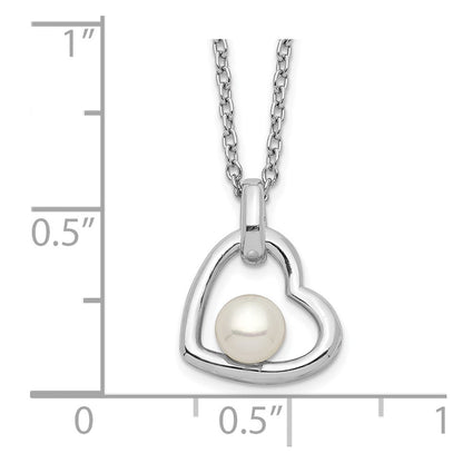 PSSN Sterling Silver Rhodium-plated 4-5mm White Button Freshwater Cultured Pearl Heart 17 inch Necklace